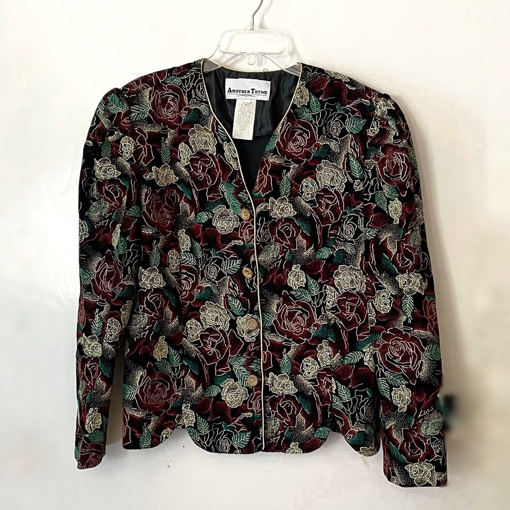 Vintage painted velvet floral holiday jacket, gold trim & buttons, size large